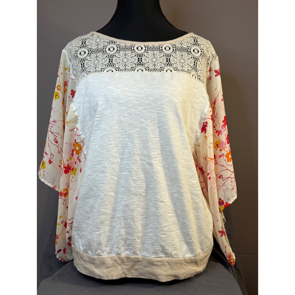 prAna Womens Floral Butterfly Sleeve Crochet Lace Mixed Media Top White Pink M